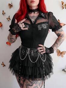 Whyspr Áo kiểu nữ phong cách Punk màu đen in họa tiết chấm bi rỗng - màu đen - Xem 7