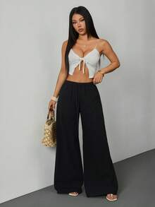 SHEIN PETITE Textured Linen Feel Tie Waist Trousers, Casual Boho Beachwear, Suitable For Spring/Summer, Versatile All-Match Style - Black - View 4