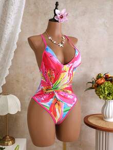 Swim Vcay 2026 New Women's Summer Beach Vacation Holiday Vacation Holiday Pink Floral Pattern Print Spaghetti Strap Hollow Back High Cut One-Piece Swimsuit Boho Tropical - Multicolor - View 5