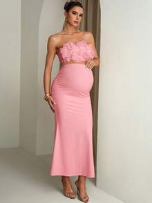 MaterniChic Maternity Solid Color Ruffle Hem Tube Top And Fitted Skirt Elegant 2-Piece Set - Pink - View 4