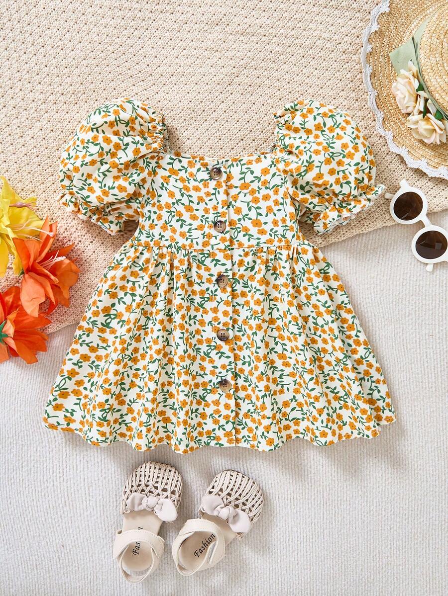 Vestido de verano lindo con estampado floral diminuto y mangas con volantes de cuello cuadrado para bebé niña - Amarillo - Ver 1