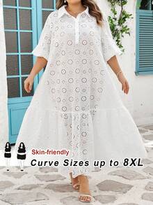 SHEIN CURVE+ 大码女式纯色花卉镂空刺绣设计休闲简约夏季连衣裙 - 白色 - 查看 1