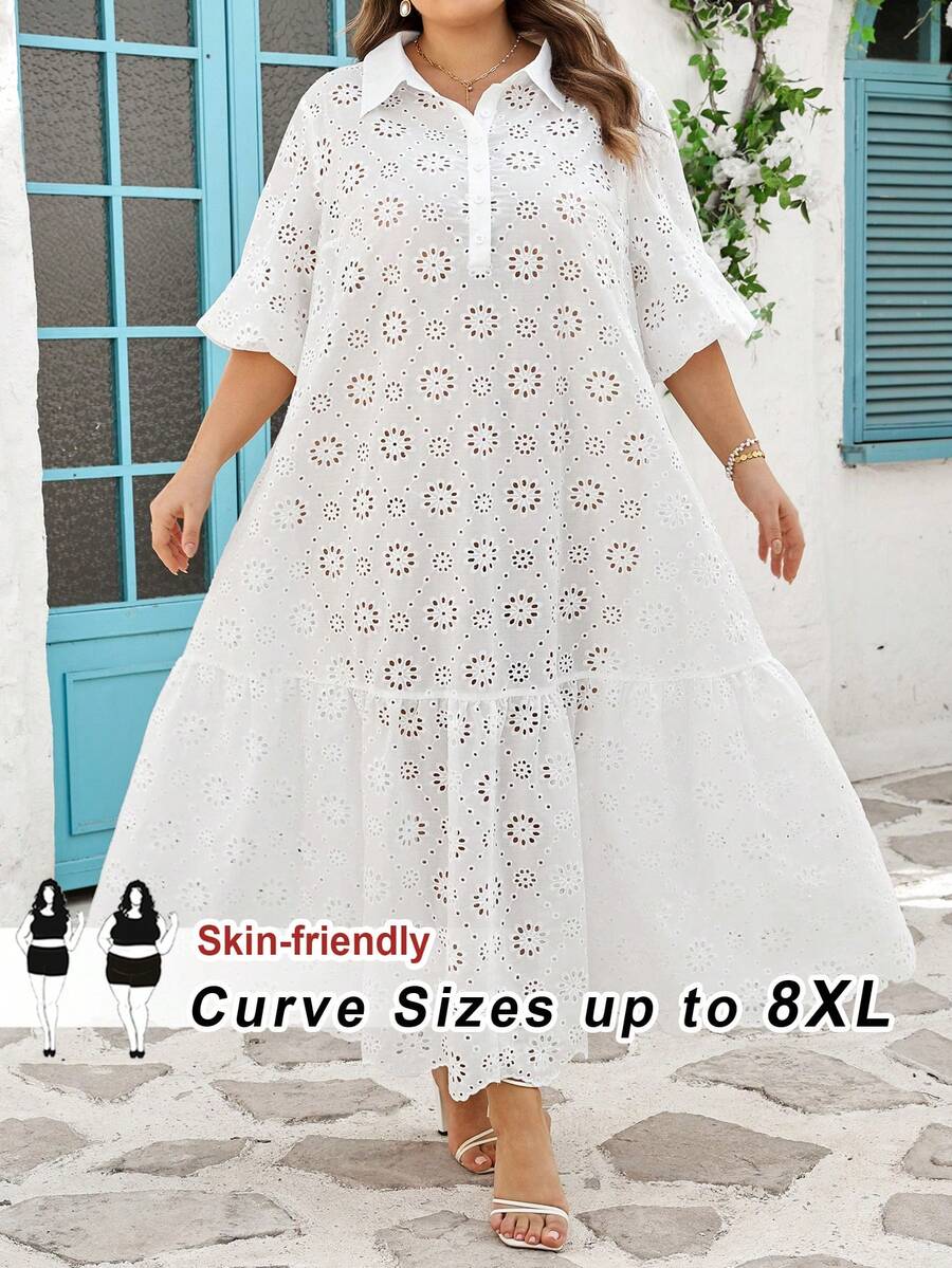 SHEIN CURVE+ 大码女式纯色花卉镂空刺绣设计休闲简约夏季连衣裙 - 白色 - 查看 1