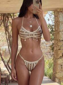 Sunnyshic 2pcs/Set Women's Colorblock Striped Fashionable Bikini, Summer 2026 - Multicolor - View 1