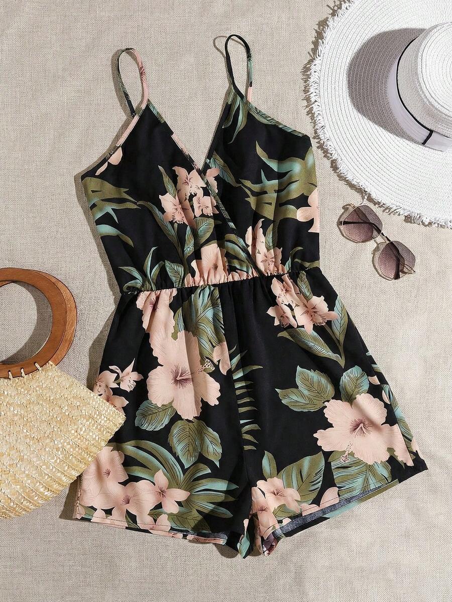 SHEIN VCAY 交叉领花卉吊带连体夏季连体衣 - 黑色 - 查看 1