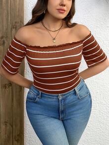 SHEIN LUNE Áo thun ngắn tay dáng ôm, hở vai, kẻ sọc, dành cho nữ cỡ lớn, thích hợp mặc hàng ngày. - màu nâu - Xem 1