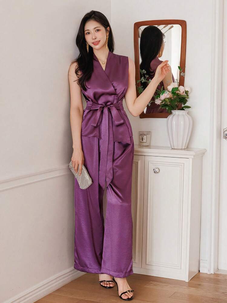 Women's Elegant Shirred Sleeveless Tie-Waist Vest And Wide-Leg Pants 2-Piece Set, Spring/Summer