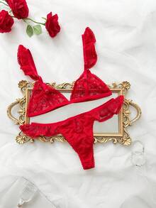 SHEIN 2件套蕾丝性感无钢圈女士内衣套装 - 紅色 - 查看 2