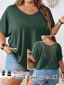 SHEIN CURVE+ 大码女式纯色露背V领蝙蝠袖短袖休闲T恤，适合夏季/乡村/海滩度假/沙滩装/沙滩服饰 - 墨綠色 - 查看 8