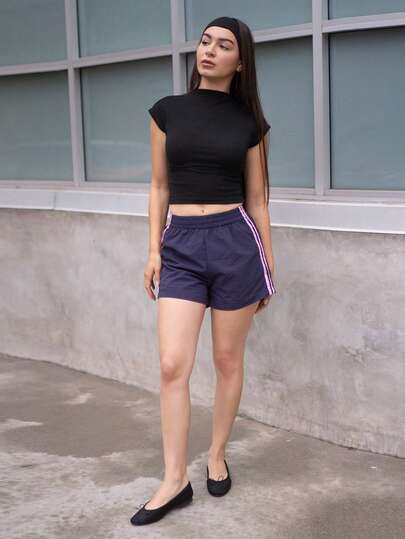 Andrea Bello 女式海军蓝侧条纹松紧腰宽松休闲运动短裤