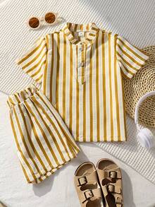 SHEIN Streecool Kids 男童立领半拉链条纹短袖上衣，搭配同色运动短裤，休闲时尚，面料舒适，适合夏季穿着，是外出和上学的理想选择。 - 咖啡棕 - 查看 4