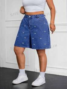 SHEIN ICON 大尺碼女款夏季休閒日常通勤蝴蝶結圖案寬鬆牛仔短褲 - 藍色 - 查看 3