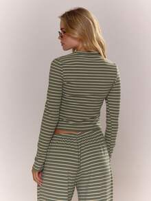 MUSERA Striped Fitted Long Sleeve Crew Neck Top Fall Autumn Cosy Cute Casual Coffee Club Elegant Spring Summer Holiday - Green - View 4