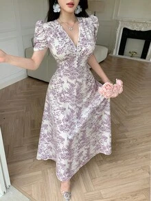 Modelyn Women's Fitted Dress With Cross Neckline Decor, Pearl Button And Puff Sleeves - Purple - View 7