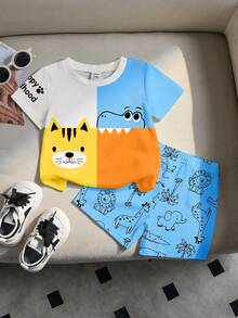 SHEIN Playful Pals Baby Boy Casual Cute Cartoon Animal Print Patchwork Contrast Color Crew Neck T-Shirt And Matching All-Over Animal Print Shorts Set, Suitable For Summer, Korean Style Zoo Tiger Expression Shark Silhouette Contrast Orange And Yellow Cute Patchwork Color Block Design - Multicolor - View 5