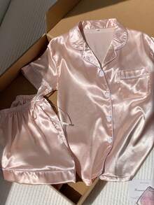 SHEIN Comfortcana Bộ đồ ngủ satin cài nút phía trước có viền tương phản - Màu Hồng baby - Xem 6