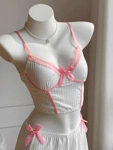 SHEIN Comfortcana Bộ đồ PJ / Bộ đồ ngủ có nơ ren tương phản Bộ màu trắng - trắng - Xem 6