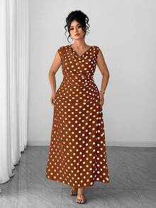 Elenzga Đầm nữ cỡ lớn mùa hè mới, màu trắng chấm bi đen, cổ xéo, kiểu dáng vintage thanh lịch, xếp ly ôm sát, điểm nhấn là họa tiết chấm bi cỡ lớn. Thích hợp cho mặc hàng ngày, đi làm, công sở, hẹn hò, dự tiệc, các dịp giao lưu nhẹ nhàng, kỳ nghỉ. - màu nâu - Xem 5