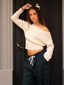 juhmazzocco 白色斜肩领女士休闲短款针织套头毛衣，秋冬女装 - 白色 - 查看 5