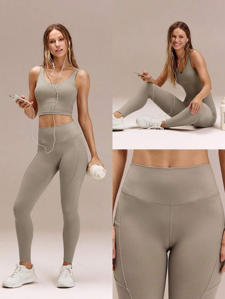 24" FeatherFit™ Sail On Buttery-Soft Sweat-Wicking Ribbed Panels Side Pockets Butt Lifting Leggings Yoga Pilates Studio Daily Active Wear