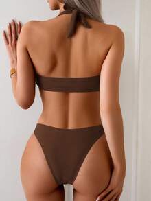 Oceva Conjunto de bikini sexy de 2 piezas con top de cuello halter negro, traje de baño casual de playa para vacaciones de mujeres - Café integral - Ver 2