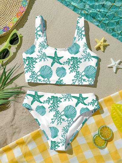 SHEIN Bộ đồ bơi hai dây và bikini tam giác tối giản, thoải mái dành cho bé gái, thích hợp cho mùa hè.