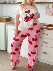 Slumberry CURVE Plus Size Women Cherry Print Colorblock Cute & Fun PJS PJS For Women Curve Pj Sets Plus Size Curve Pajamas Curve Pyjama Set Cherry Pajamas Plus Size - Multicolor - View 4