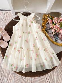 Elladie kids Đầm cổ yếm cho bé gái với họa tiết hoa, nơ trang trí ở cổ, kiểu dáng tươi tắn và dịu dàng, thích hợp cho các chuyến đi chơi mùa hè, ngọt ngào và dễ thương, chiếc đầm hè giản dị và đa năng. - Màu be - Xem 2