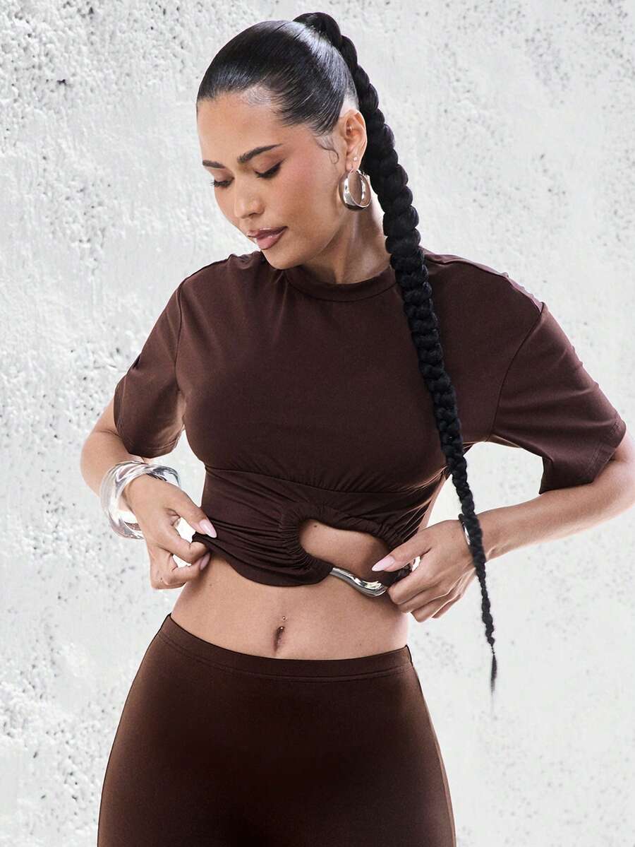 Denimoi Cinched Waist Short Sleeve Top With Hardware Detail Fashion Tops Concert Outfits GNO - Brown - View 1