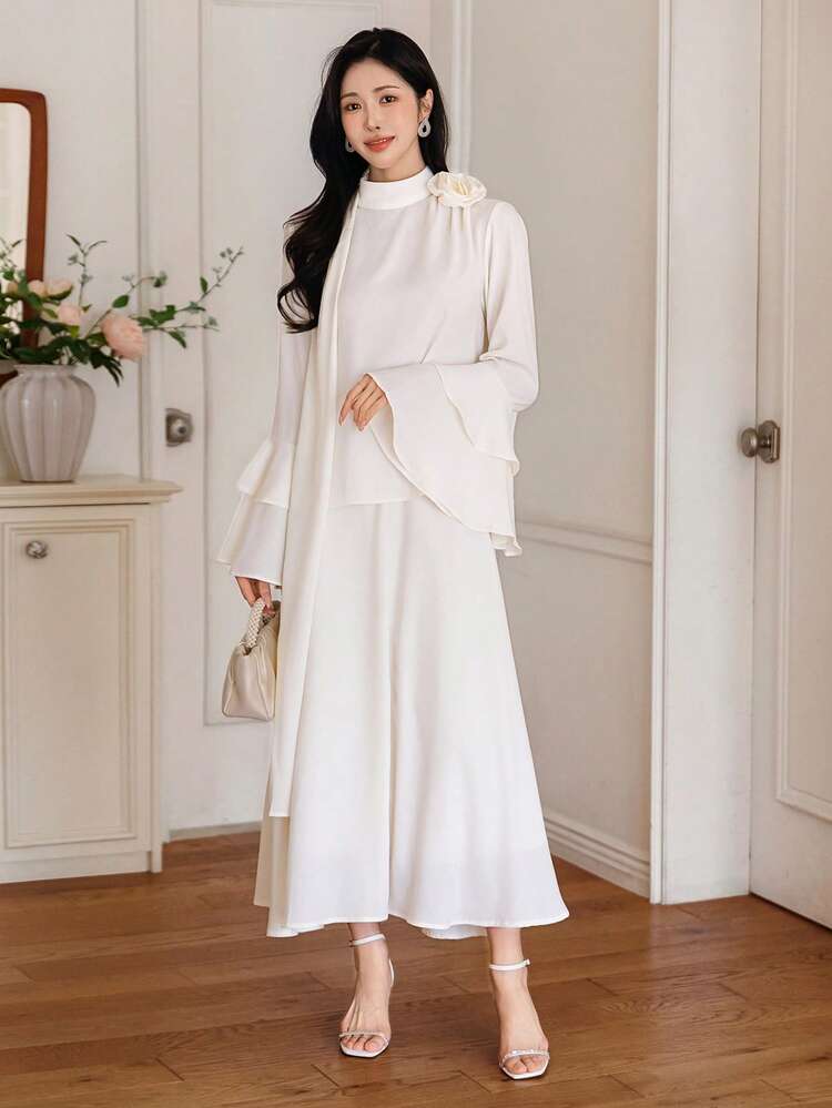 Women's Solid Color 3D Floral Decor Flare Sleeve Shirt And A-Line Skirt Elegant 2-Piece Set