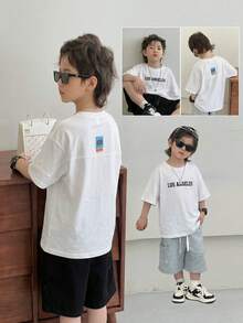 SHEIN Little Byeori 1 Stück Kinder/Tween-Jungen Lässiges Vintage Kurzarm Rundhals T-Shirt, bequemes & modisches minimalistisches Design, vielseitig für Frühling/Sommer, geeignet für Alltag, Outdoor, Schule, Straßenmode, Party und Lässig - Weiss - Übersicht 3