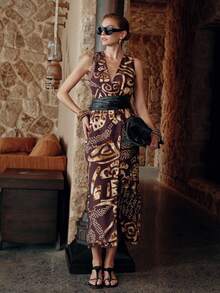 MOTF PREMIUM WOMEN'S V-NECK SLEEVELESS SLIT HEM LINEN PRINTED SLIM DRESS, SPRING/SUMMER - Coffee Brown - View 10
