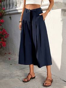 SHEIN Holidaya Celana Capri Linen Kasual Wanita, Cocok untuk Santai, Pantai, dan Pakaian Rumahan - Navy Blue - View 3