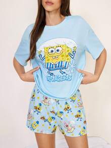 SpongeBob SquarePants | SHEIN Women's Cartoon Print Short Sleeve Top And Shorts Casual Loungewear Pajama Set - Blue - View 3