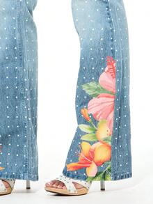 SUMWON WOMEN Women's Polka Dot Bell Bottom Jeans With Floral Print High Rise Wide Leg Denim Pants Vintage Street Wear Y2k Tropical Bohemian Style Vacation Blue - Blue - View 4