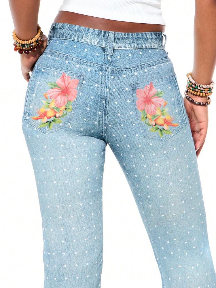 SUMWON WOMEN Jeans a zampa di elefante da donna con stampa a pois e fiori, vita alta, gamba ampia, stile denim vintage bohémien