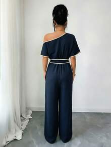 Rafferiza Casual Vacation Loose Shoulder Textured Soft Elastic Waist Comfortable Slimming Wide Leg Pants, Khaki, Spring/Summer - Navy Blue - View 3