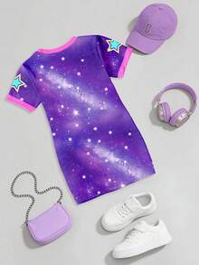 Young Girl Round Neck Contrast Trim Letter & Cartoon Print Casual Party Dress - Multicolor - View 2