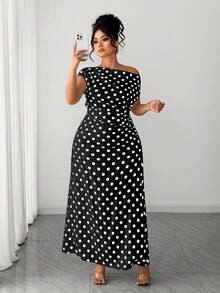 Elenzga Plus Size Women Summer Black White Polka Dot Oblique Collar Vintage Elegant Cocktail Dress,Autumn Curve Ruched Fitted Commute Office Gatherings Dress - Black - View 3