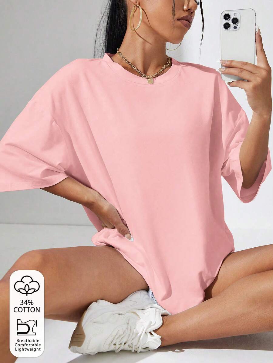 Camiseta esencial de cuello redondo oversize, camiseta casual de mujer con hombros caídos - Rosa - Ver 1