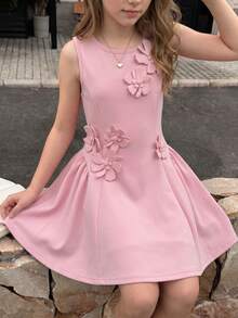 SHEIN Serisse Kids 少女優雅淡粉色夏季3D花朵裝飾無袖圓領A字裙，適合婚禮、茶會、雞尾酒會的開花洋裝 - 粉色 - 查看 11