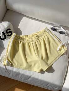 Comfortcana Quần short ống rộng dệt kim màu xanh lam bạc màu kiểu cổ điển dành cho nữ - Màu vàng - Xem 3