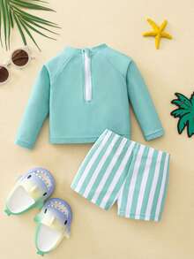 新生儿夏季度假椰树印花泳衣套装 - 綠色 - 查看 3