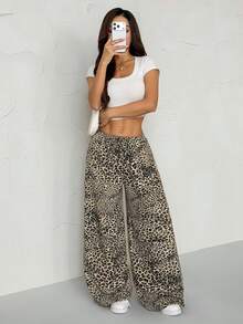 SHEIN PETITE Women's Leopard Printed Drawstring Long Pants - Brown - View 1