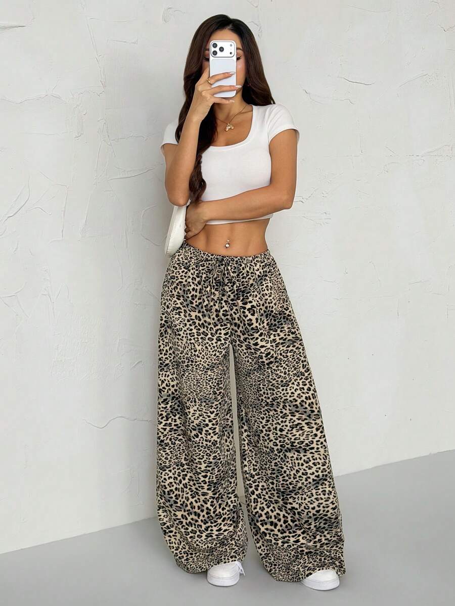 SHEIN PETITE Women's Leopard Printed Drawstring Long Pants - Brown - View 1