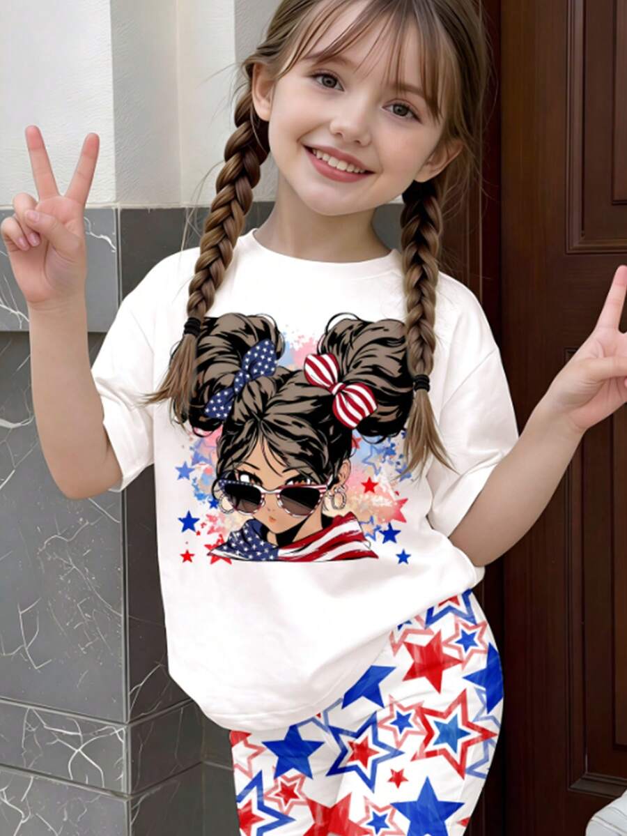 Girls (Small) Cartoon Print Round Neck Short Sleeve T-Shirt And Star Print Shorts Set - Multicolor - View 1