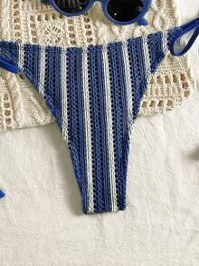 SHEIN Swim Mod 2pcs Women's Summer Vacation/Beach Outfit Hollow Texture Striped Tie Bikini Set, Suitable For St. Patrick's Day - Blue - View 4