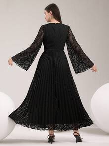 Modelyn Women Elegant Ruffle Trim Flare Sleeve Long Dress - Black - View 3