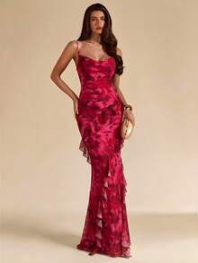 SHEIN BAE Đầm maxi không tay ôm dáng, màu hồng nhuộm hoa, cổ bèo nhún, thích hợp cho kỳ nghỉ biển, đầm maxi in họa tiết đi biển, đầm đi biển, đầm hở lưng, đầm viền bèo nhún. - Hồng - Xem 5