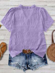 Linhara Blus Kasual Lengan Pendek Leher V Bertekstur Warna Polos untuk Wanita Ukuran Plus, Cocok untuk Jalan-jalan, Liburan, dan Klub. - Purple - View 2